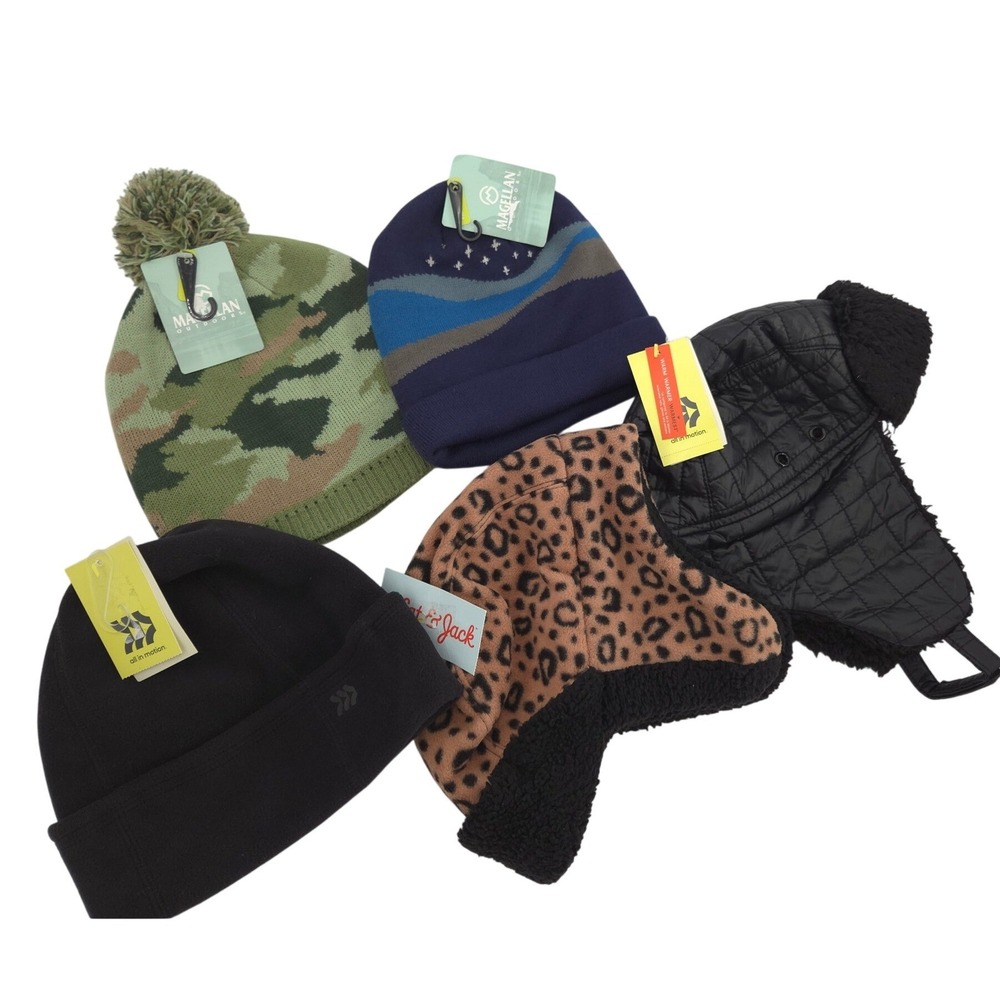 NEW LOT 5 Winter Hats 4 Youth 1 Adult Hats Beanie Trapper Camo Leopard Pom Snow